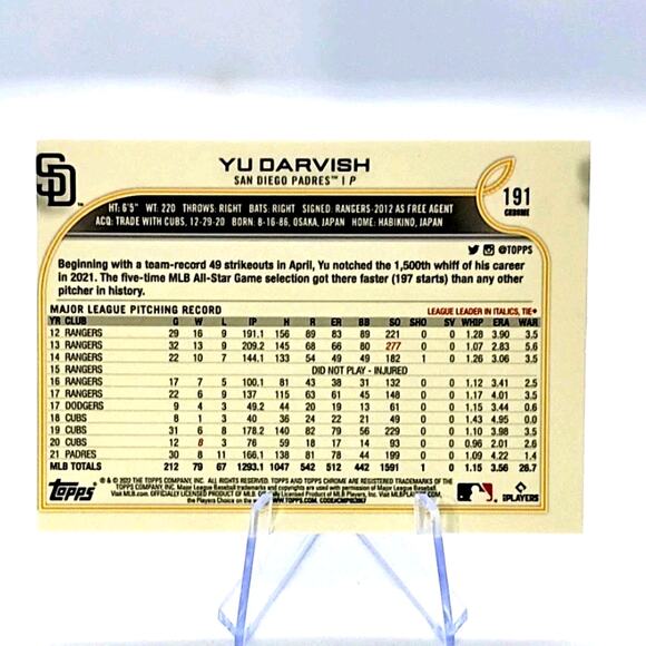 2022 Topps Chrome - Yu Darvish, San Diego Padres #191 - Picture 6 of 6